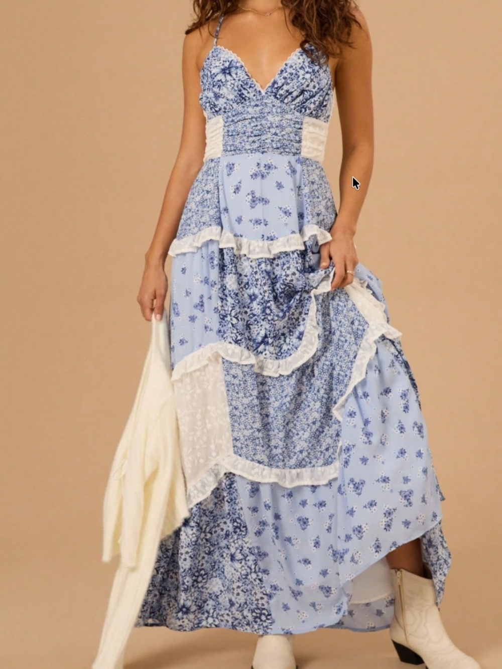 Boho Floral print V neck Shirred High Waisted Layered Criss Cross Maxi Dress